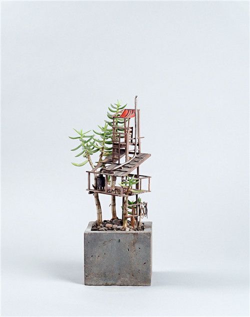 微型树屋雕塑围绕植物，艺术源于生活