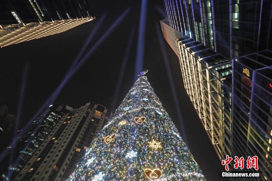节日气氛浓厚 上海街头“点亮”23米高圣诞树