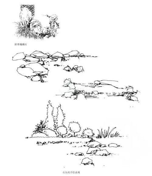 手绘石头及其水景线稿的画法